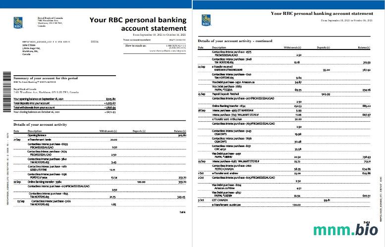 Canada National bank of Canada wyciąg bankowy szablon Worda i PDF